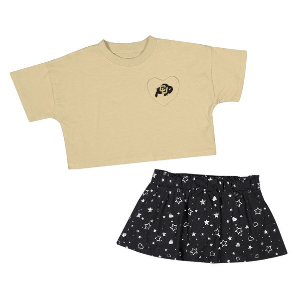 A yellow top with a heart pocket on the left chest. The pocket has the CU Buffalo logo on it in Black. The skirt is black with silver sparkly hearts and stars.